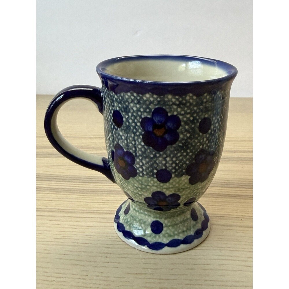 Polish Pottery Pedestal Mug Unikat Blue Flowers
